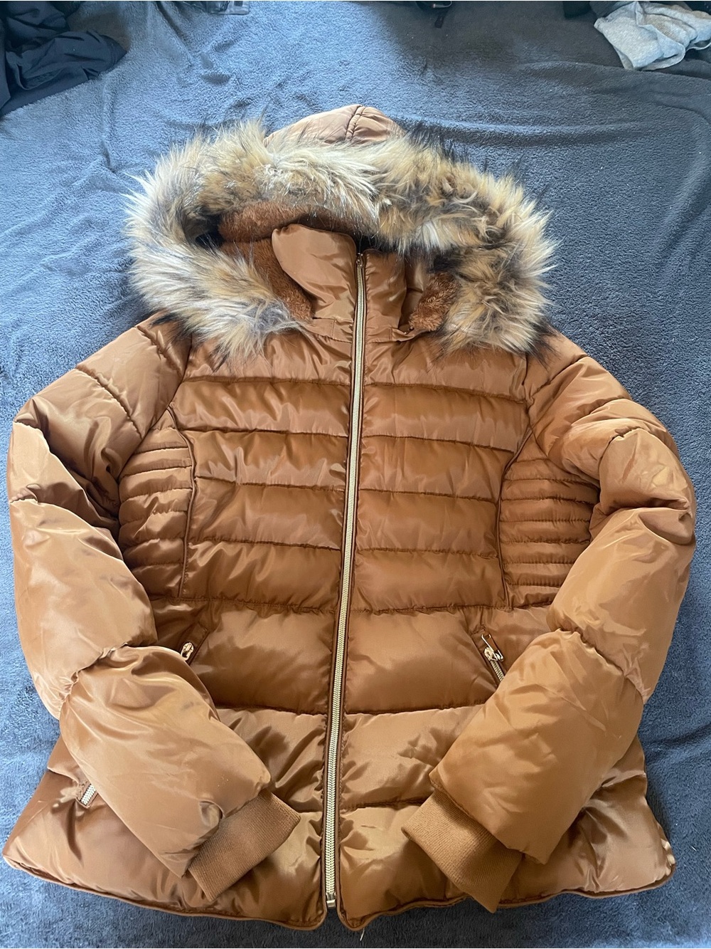 Women's Tan Faux-Fur Hooded Puffer Jacket